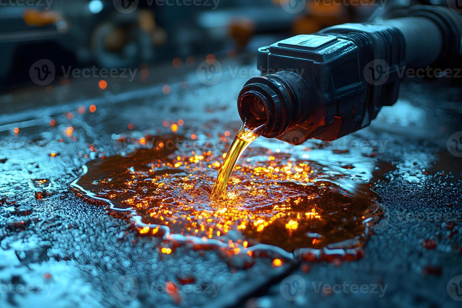 Industrial Fuel Overflow Detailed Close-up of Spilled Liquid on Factory Floor photo
