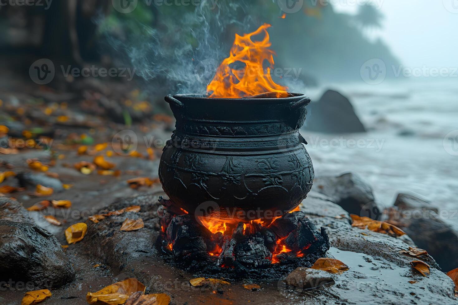 Mystical Outdoor Cooking Scene by the Seaside Autumn Vibes and Nature Ritual photo