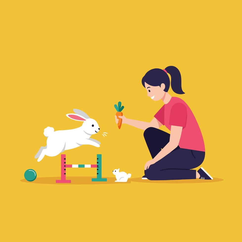 Rabbit Jumping Hurdle with Woman Offering Carrot in Flat Design vector