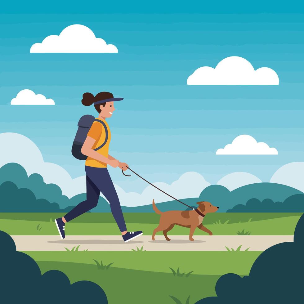 Woman Walking Dog on Path in Park with Backpack Outdoors vector