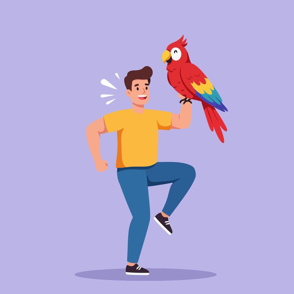 Person Having Fun with Parrot Perched on Hand in Cartoon Style vector