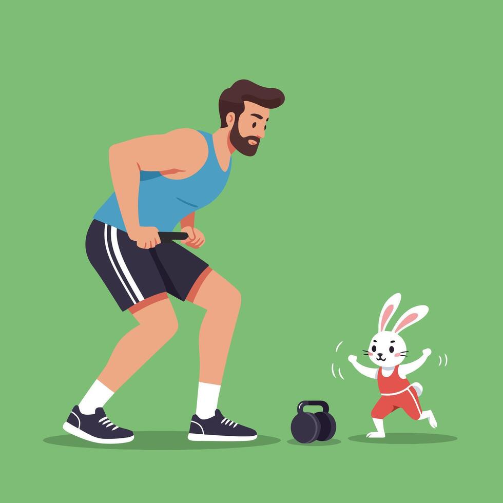 Man Exercising with Exercise Bar and Bunny Running Beside Him vector
