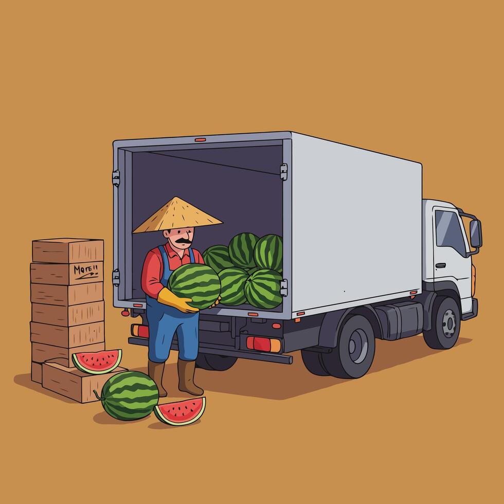 Loading Watermelons Onto Truck Fresh Produce Delivery Harvest Time vector