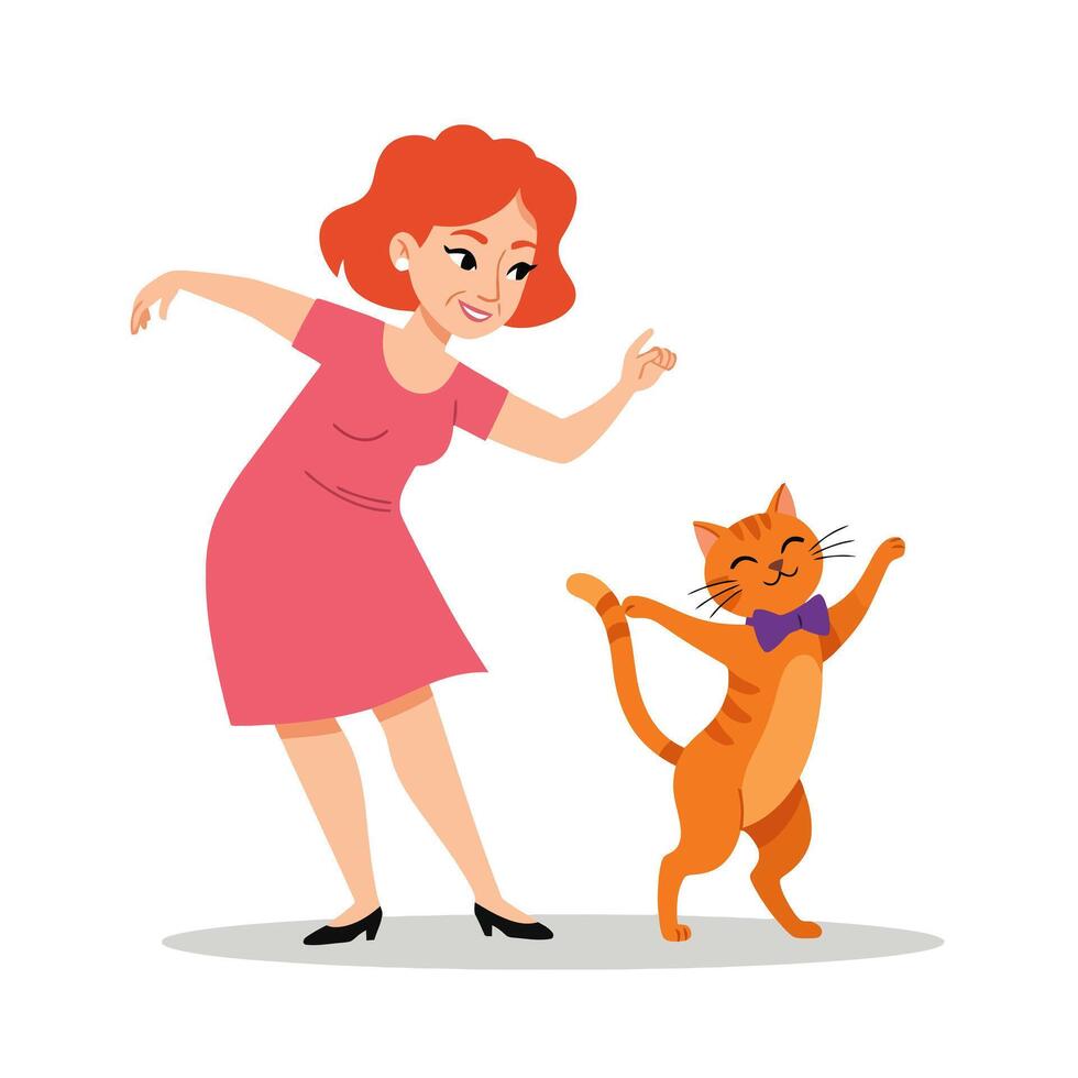 Woman and Cat Dancing Together Having Fun in a Cartoon Style vector