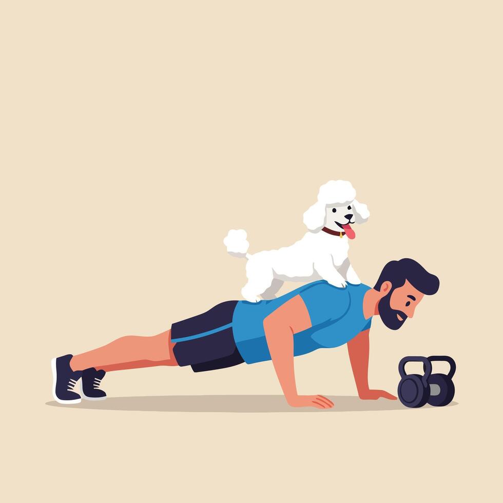 Man Doing Pushup with Dog on Back and Kettlebells Nearby vector