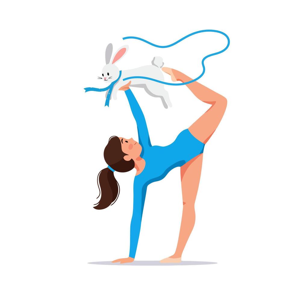 Gymnast Balancing with Rabbit and Ribbon Performing Artistic Gymnastics vector