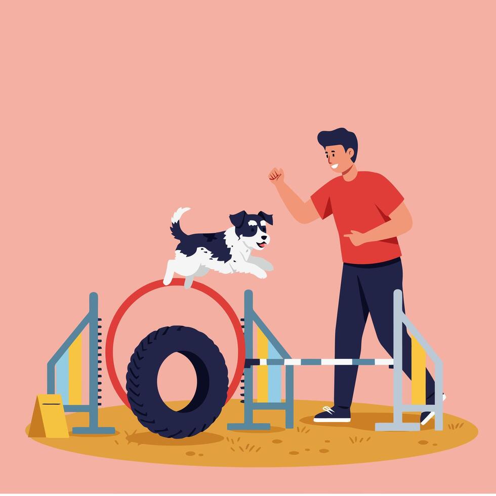 Dog Jumping Through Agility Course with Owner Cheering Happy Training vector