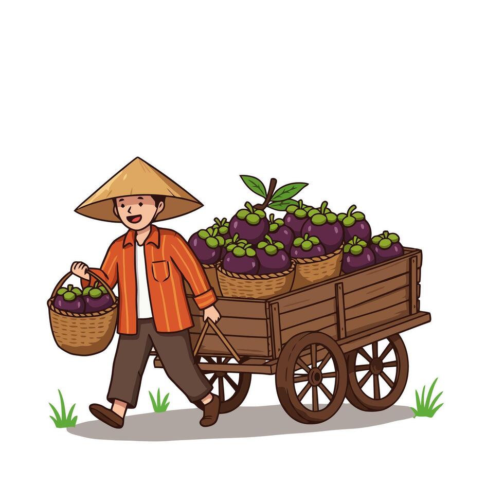 Cartoon Farmer Carrying Mangosteens in Baskets with Wooden Cart Drawing vector