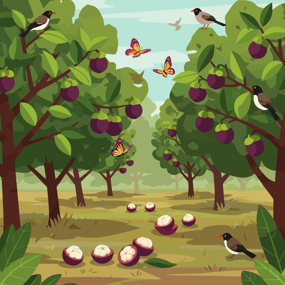 Mangosteen Orchard Scene with Birds and Butterflies in Flight vector