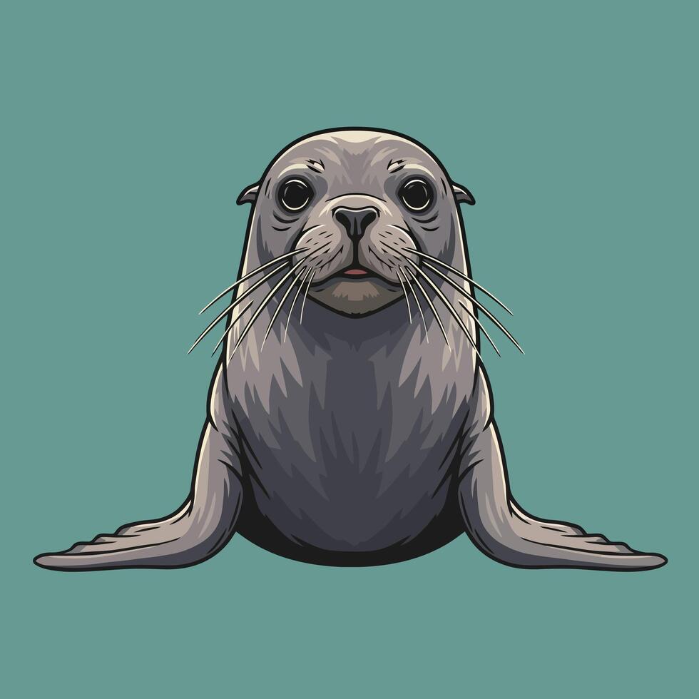 Illustration of a Gray Seal with Long Whiskers on Blue Background vector