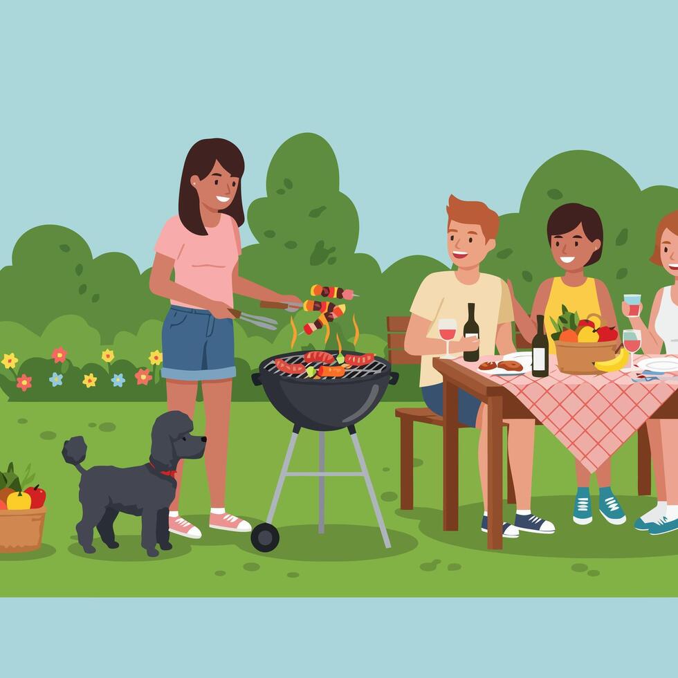 People Enjoying Outdoor Barbecue in a Garden Setting with Dog vector