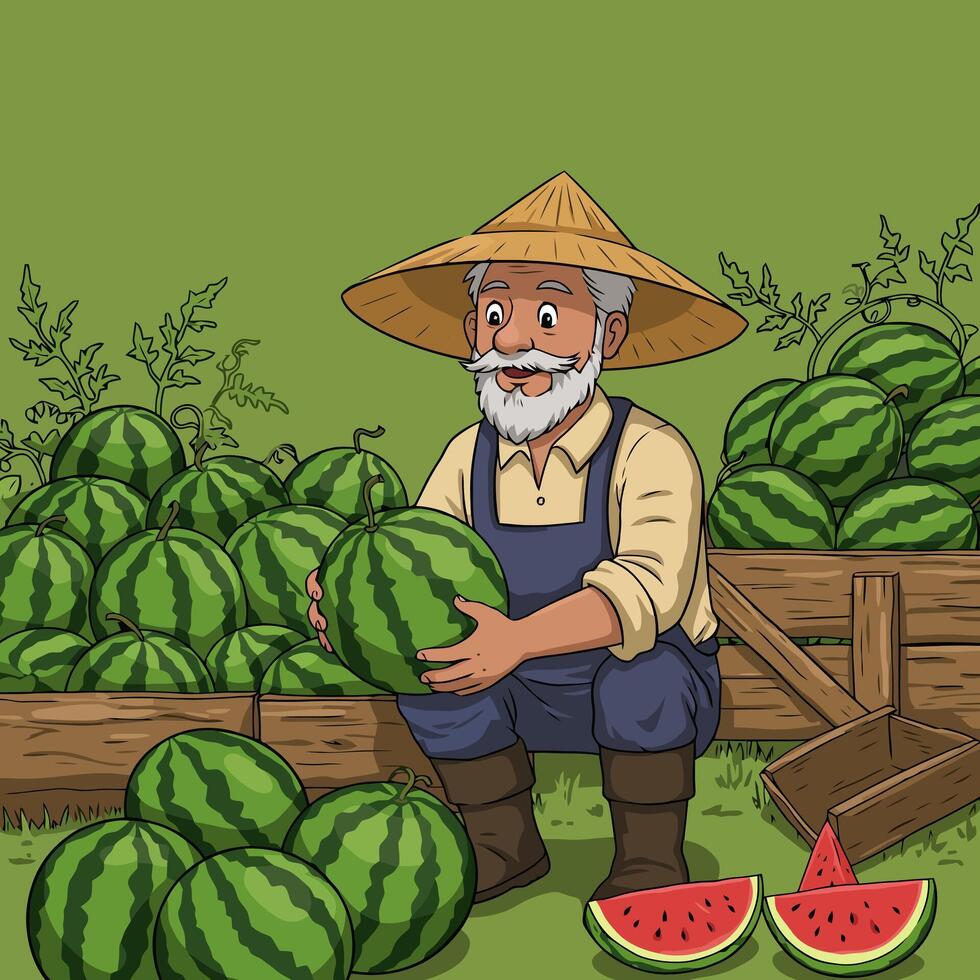 Farmer Holding Watermelon at Harvest with Wooden Crates and Fresh Slices vector