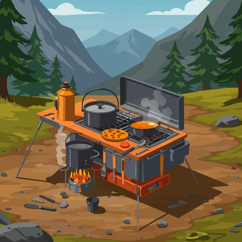 Outdoor Cooking Setup with Mountain View During Camp Trip Activity vector