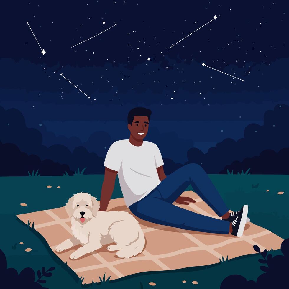 Man with Dog Sits on Blanket Watching Stars at Night vector
