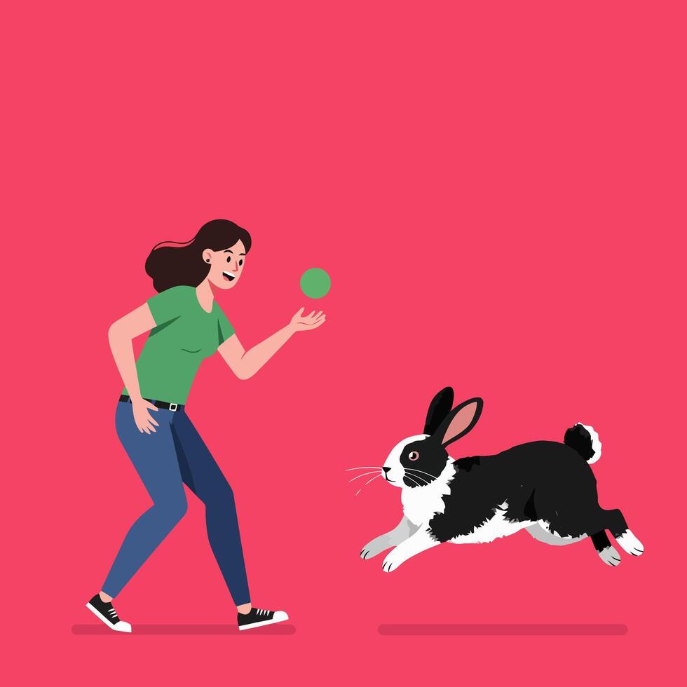 Woman Playing with Rabbit and Green Ball in Playful Moment vector