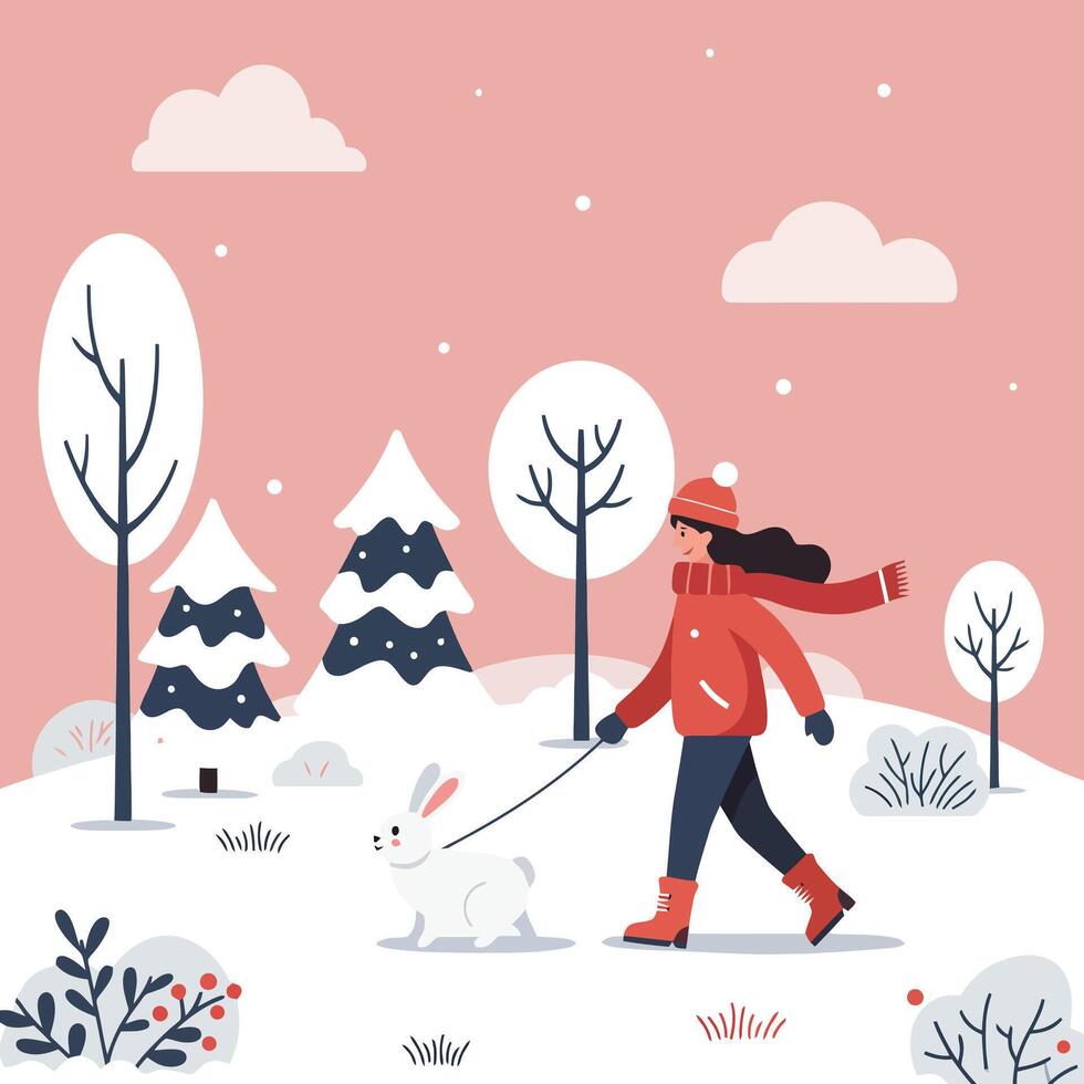 Woman Walking Rabbit on Leash in Winter Snowy Landscape Illustration vector