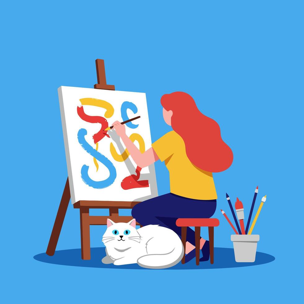 Woman Painting Abstract Artwork with Cat on Blue Background vector
