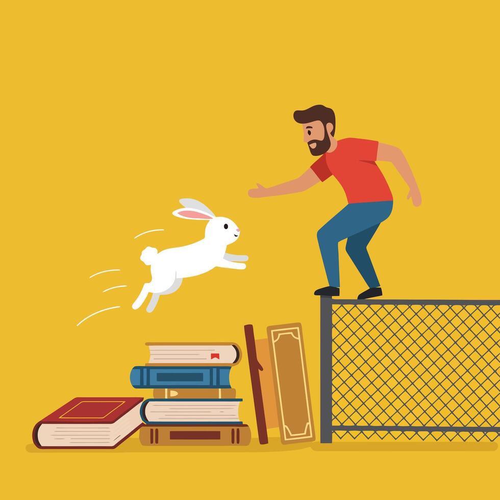Rabbit Jumping Over Books Toward Man Standing on Fence Illustration vector