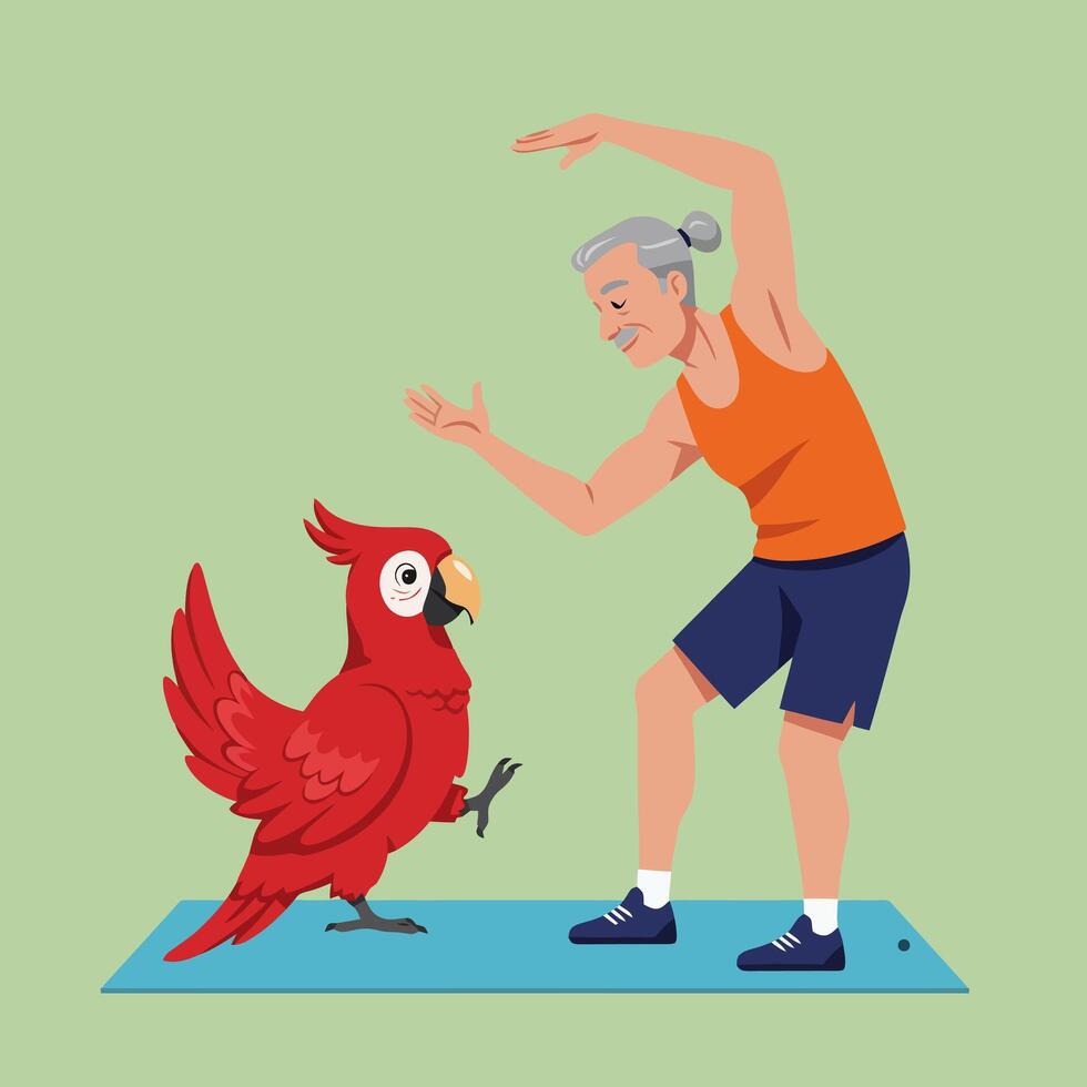 Senior Doing Exercise with Parrot Illustration on a Yoga Mat vector