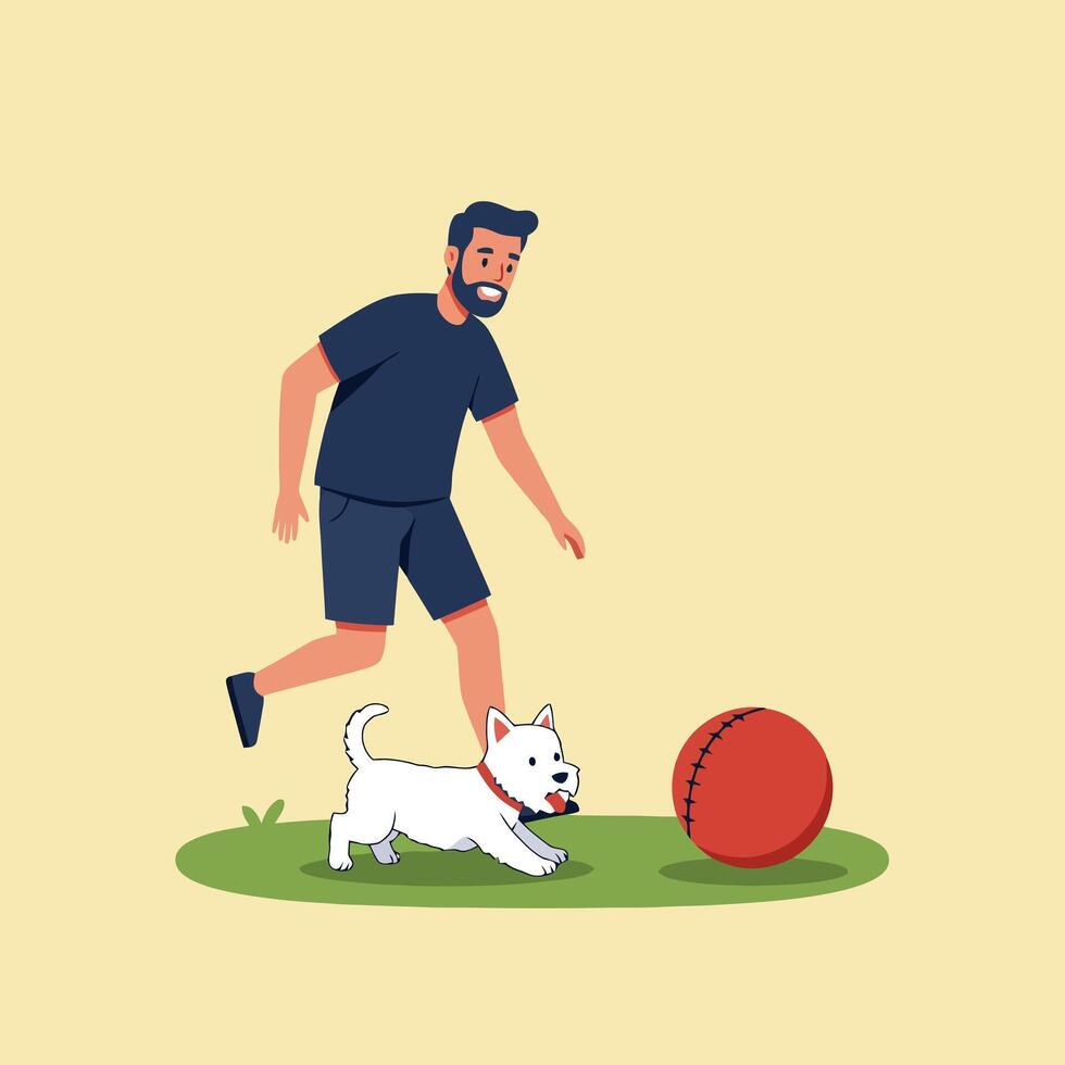 Man Playing Ball with Dog Having Fun Outdoor on the Grass vector