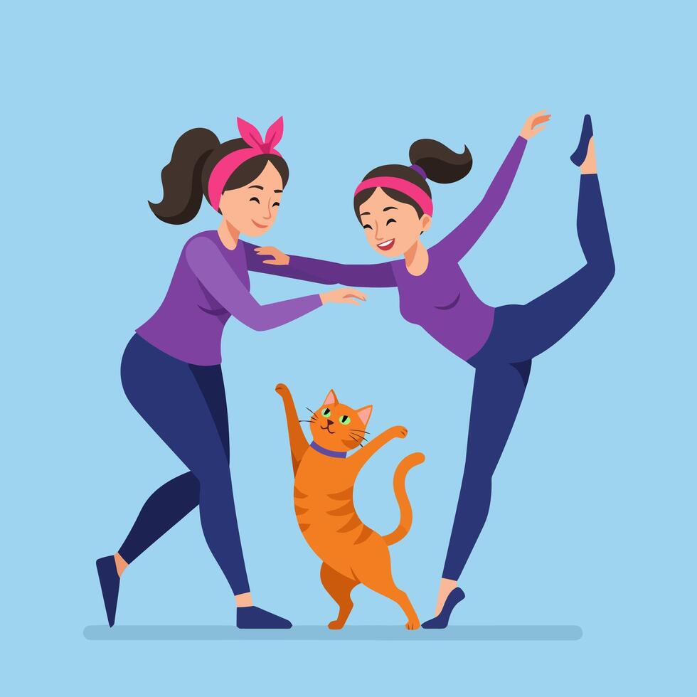 Women Doing Yoga with a Playful Cat Illustration on Blue vector