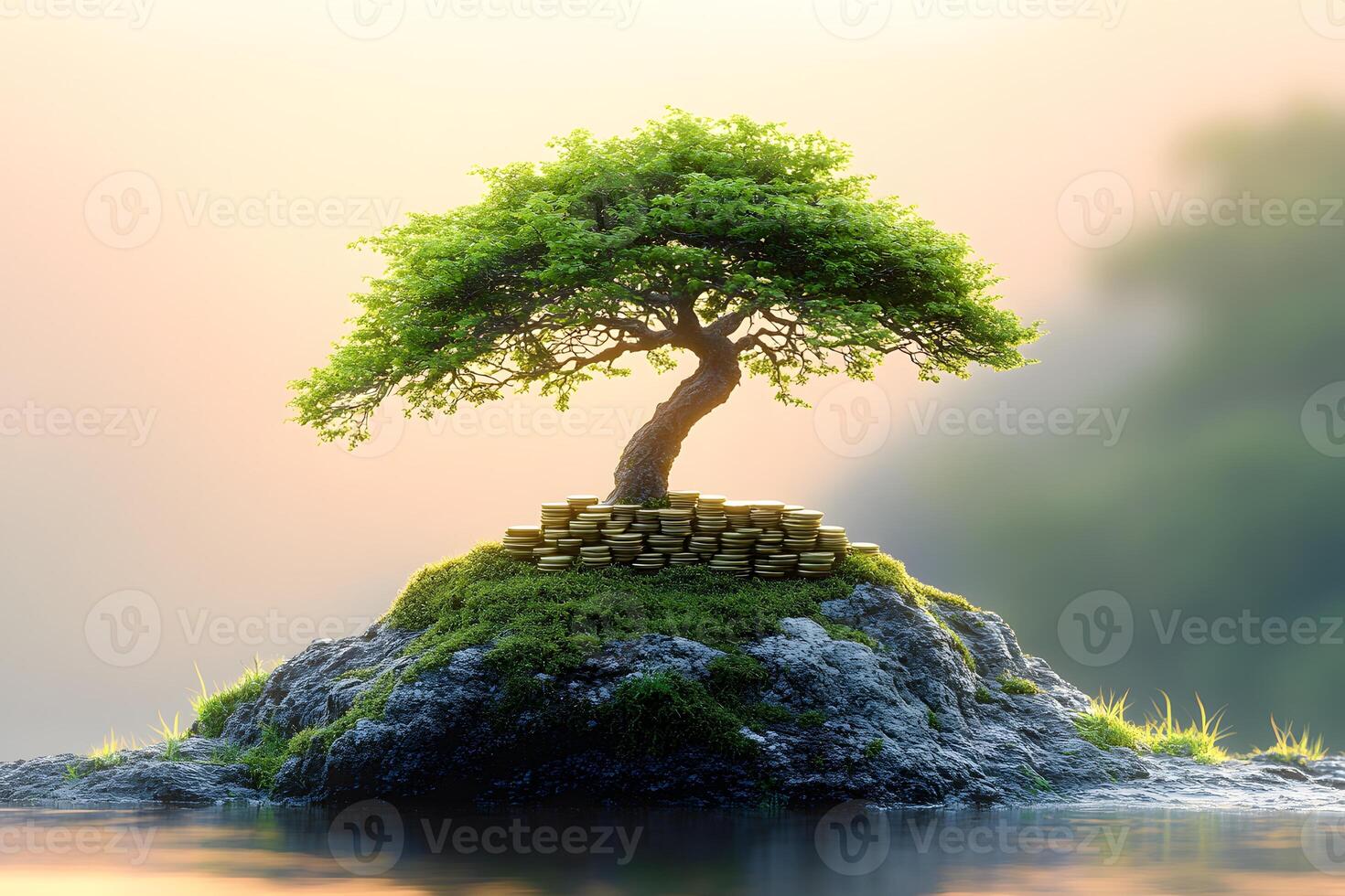 Financial Growth and Sustainability Bonsai Tree with Coins Symbolizing Wealth and Investment photo