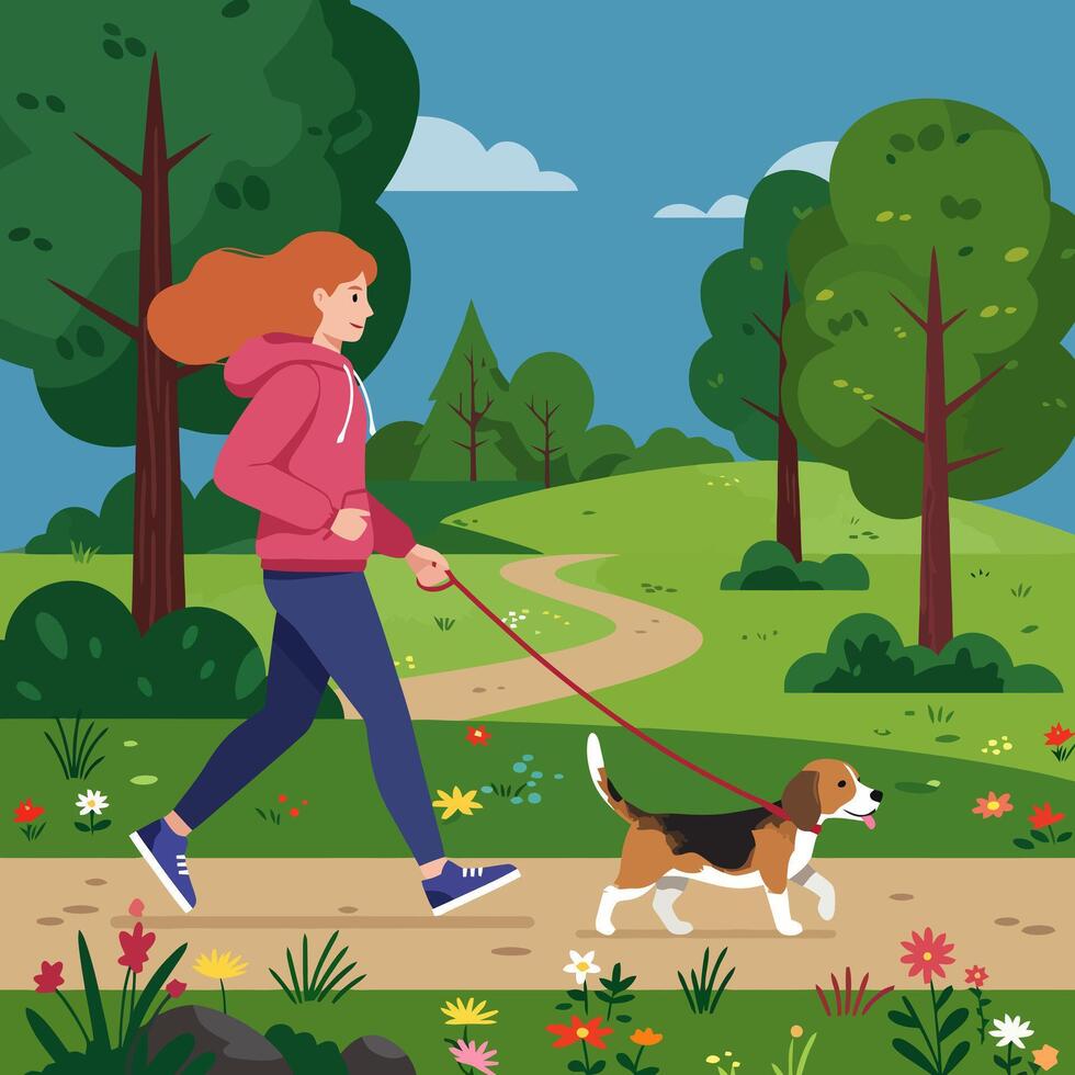 Woman Walking a Dog on a Path in a Green Park vector