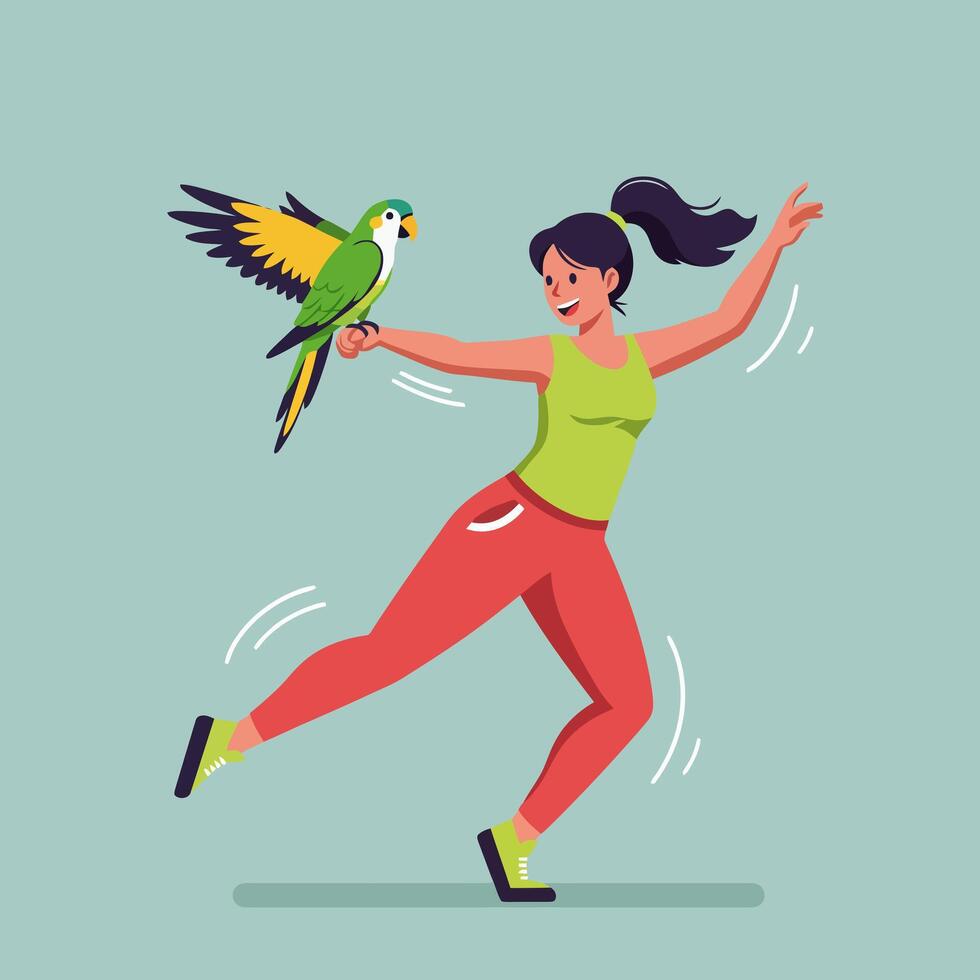 Woman Running with a Green Parrot Perched on Her Arm Illustration vector