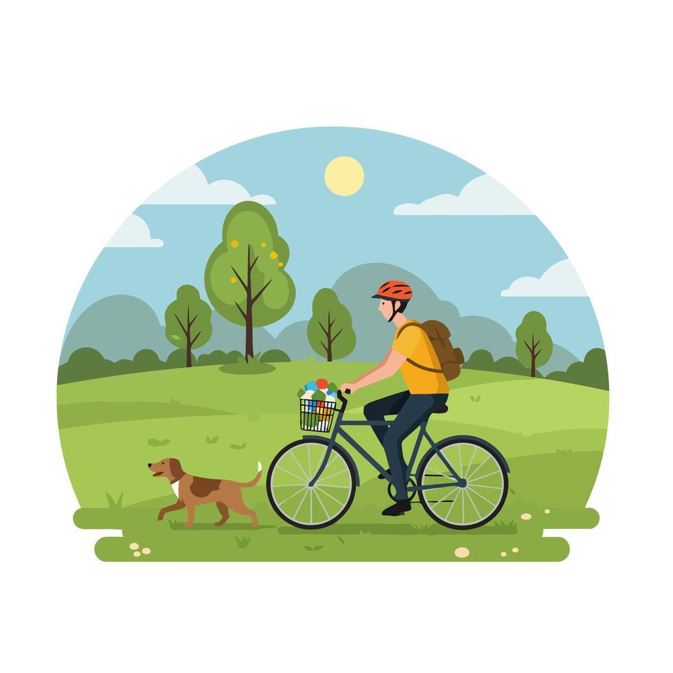 Man Cycling with Dog Through a Green Landscape Illustration vector