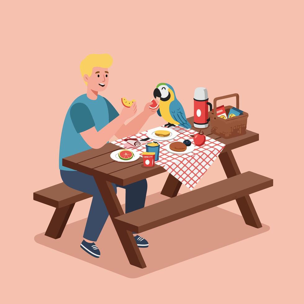 Having Picnic with Bird Friend on Wooden Table Illustration vector