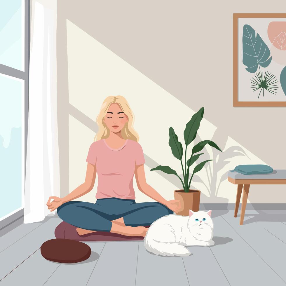 Woman Meditating Indoors with Calm Cat in Sunlight by Window vector