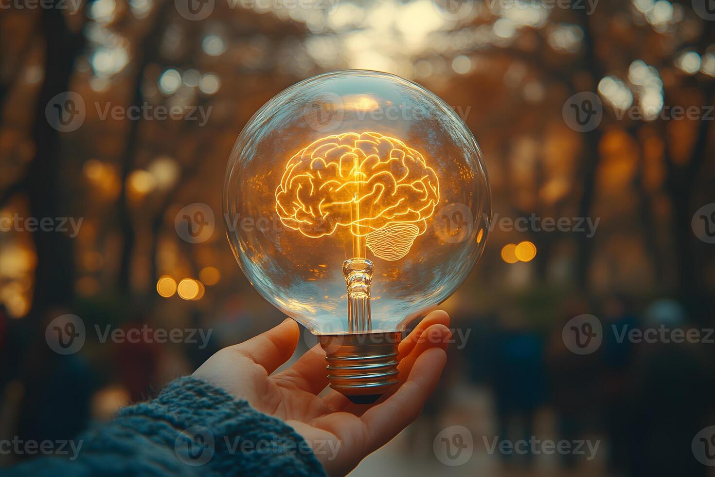 Illuminated Brain Inside Light Bulb in Autumn Forest Setting - Conceptual Inspiration photo