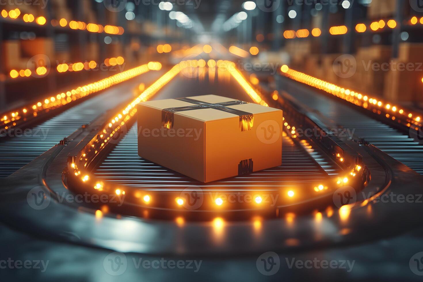 High-Tech Automated Conveyor Belt System in Modern Warehouse for Efficient Package Sorting photo