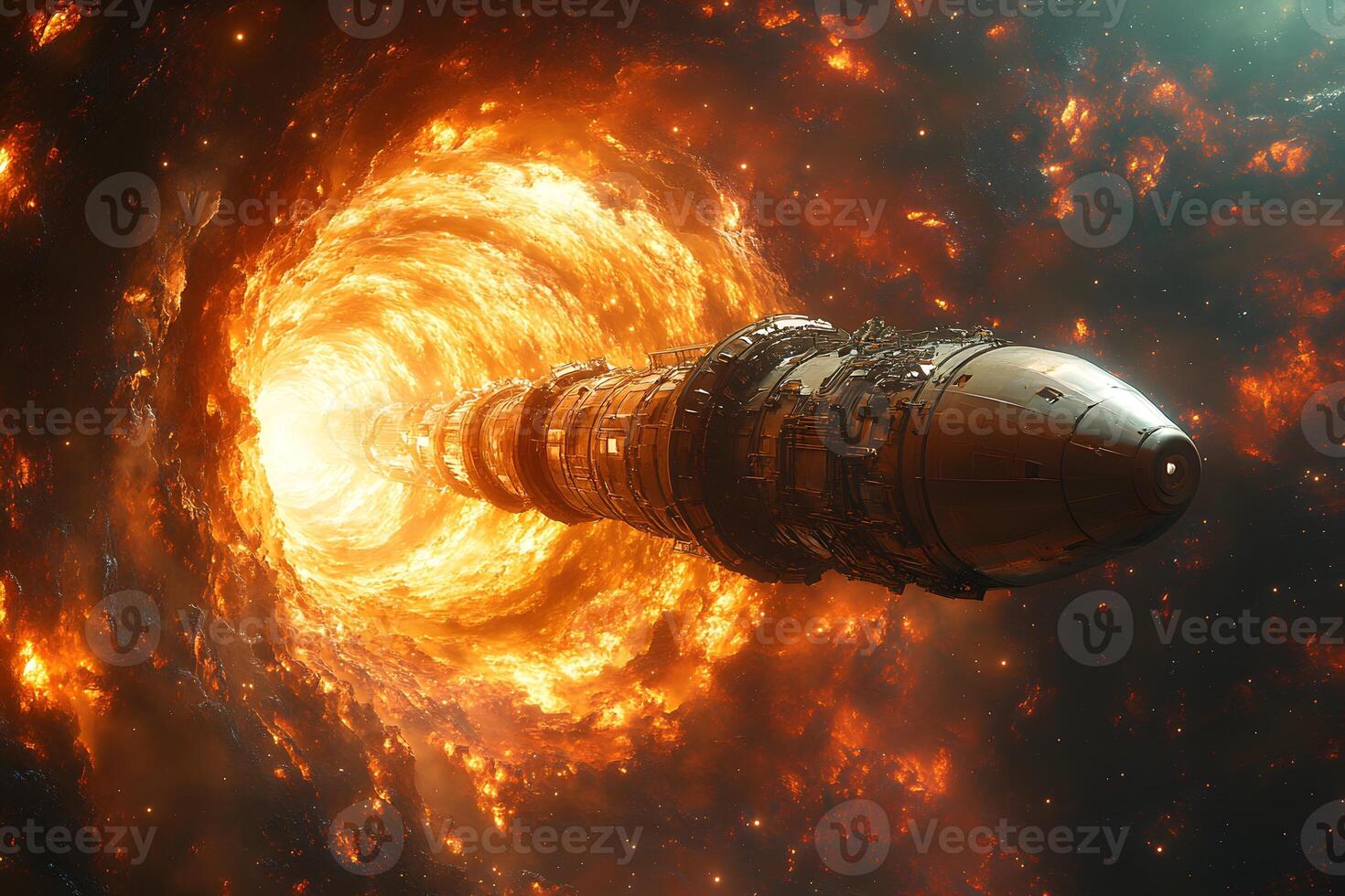 Futuristic Spacecraft Entering Fiery Wormhole for Galactic Travel Poster photo