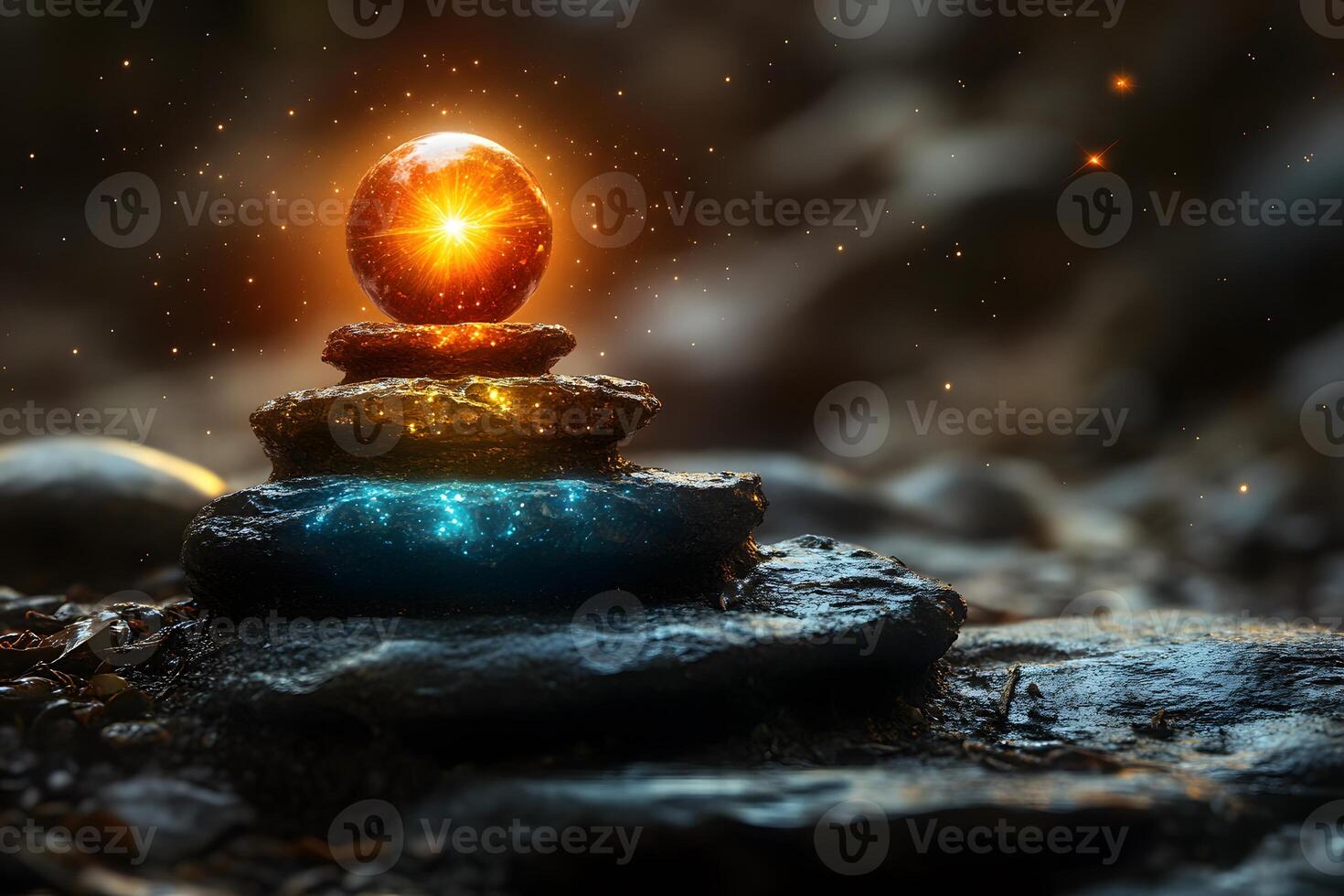 Mystical Orb on Stacked Stones in Nature - Tranquility and Zen Concept for Meditation and Mindfulness photo