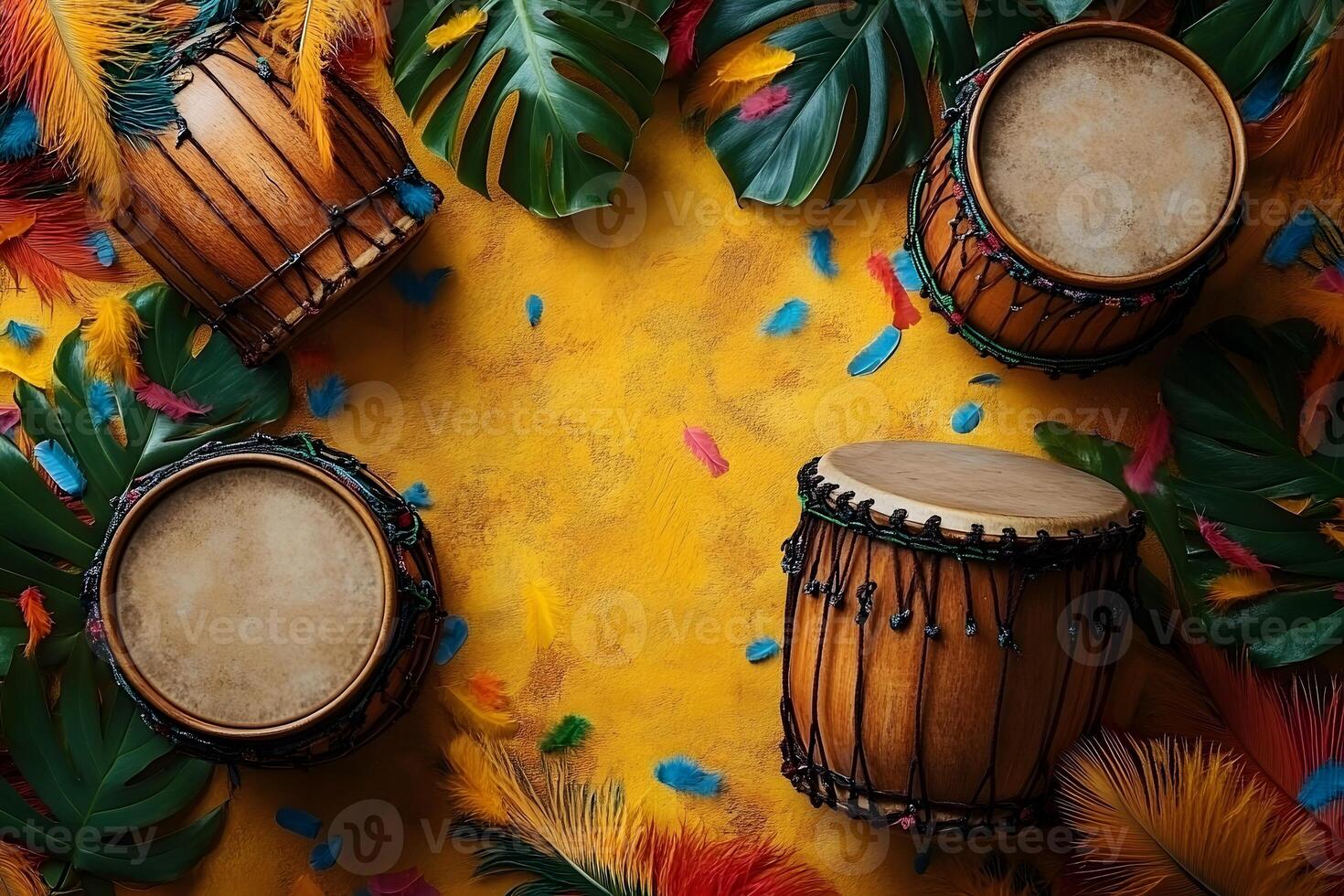 Vibrant Caribbean Drumming with Colorful Feathers and Tropical Leaves for Festive Decor photo