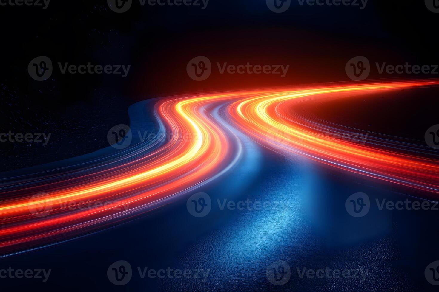 Futuristic Light Trails on Curved Road at Night - Speed and Motion Concept for Background Design photo