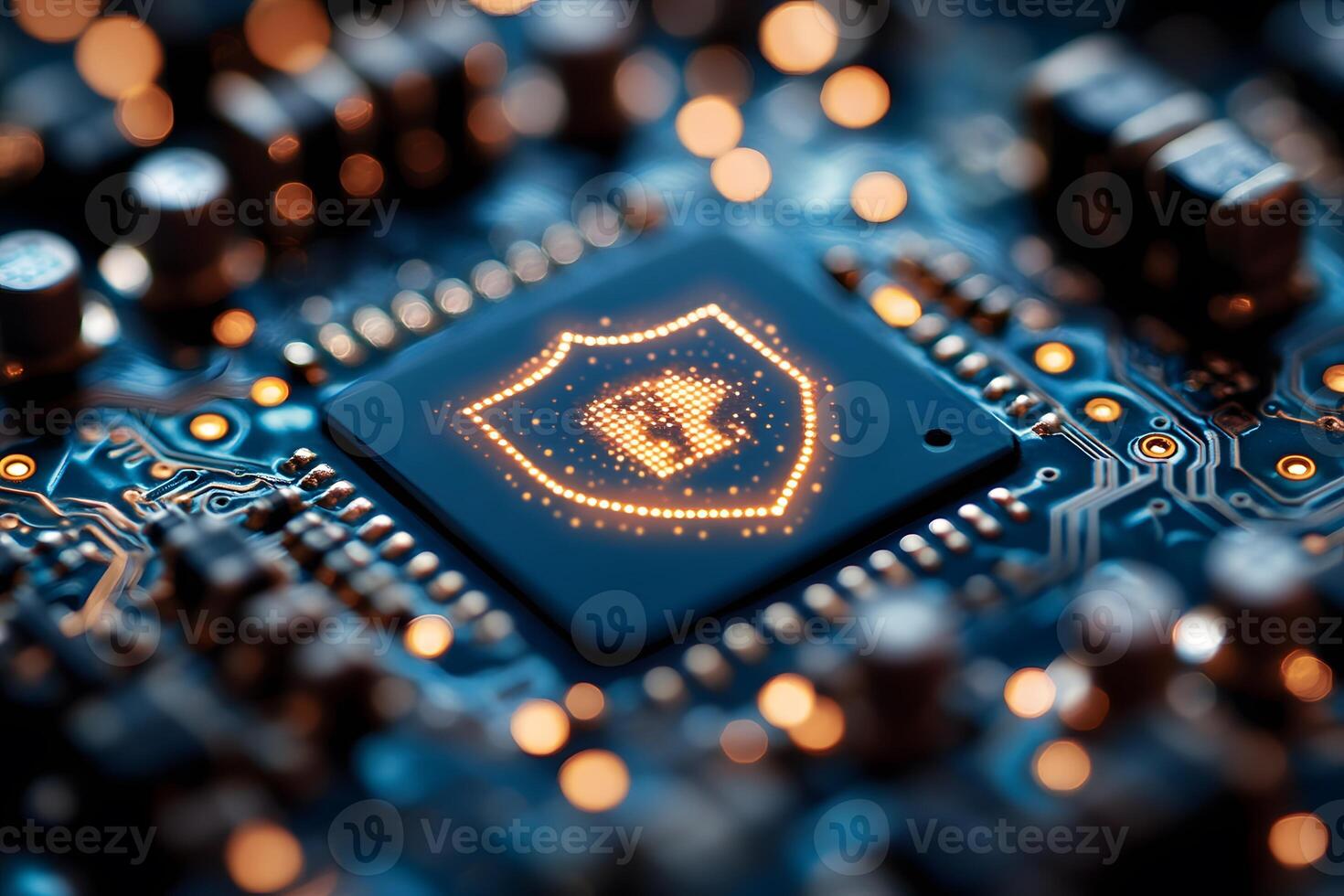 Cybersecurity Concept with Shield Icon on Circuit Board for Technology Design photo
