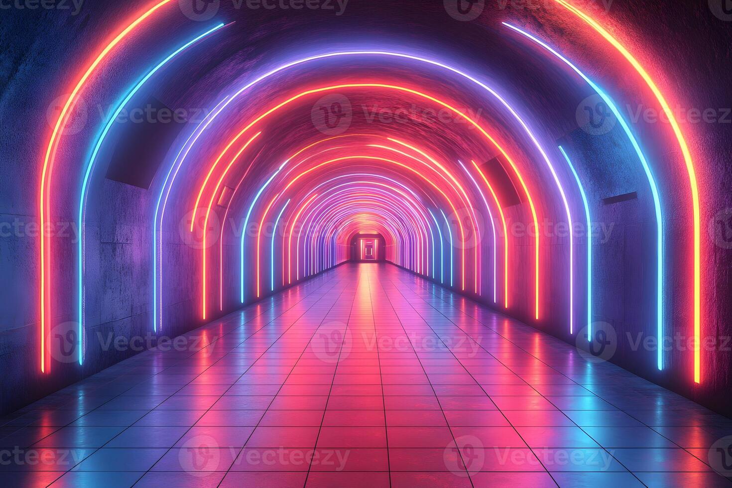 Futuristic Neon Tunnel with Colorful Arches - Digital Art for Modern Design photo