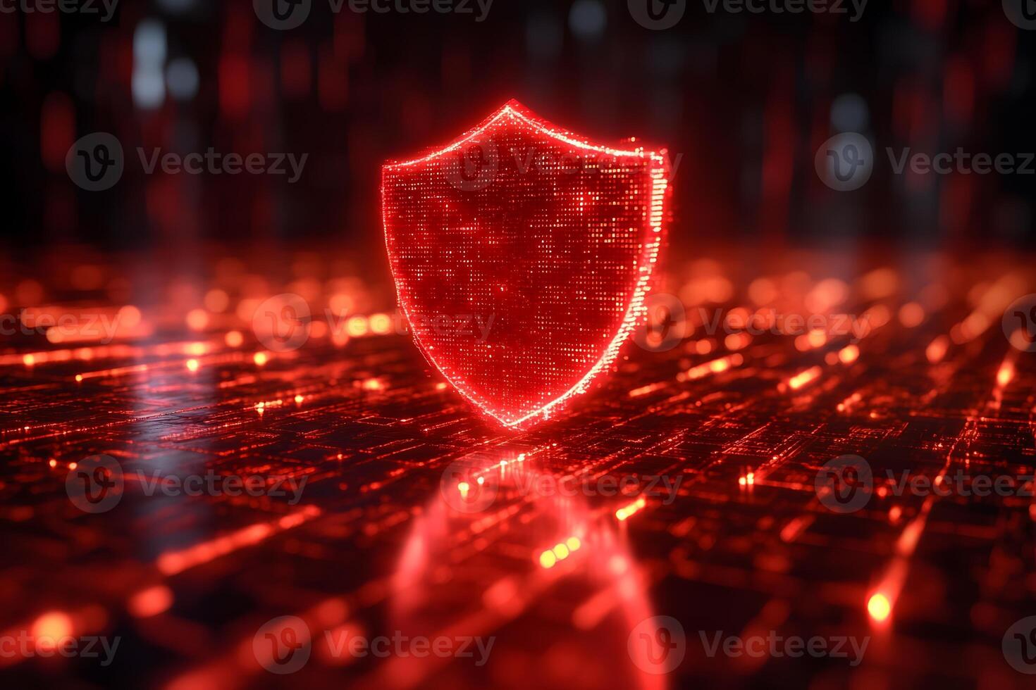 Digital Security Shield Concept in Futuristic Cybersecurity Landscape Design photo
