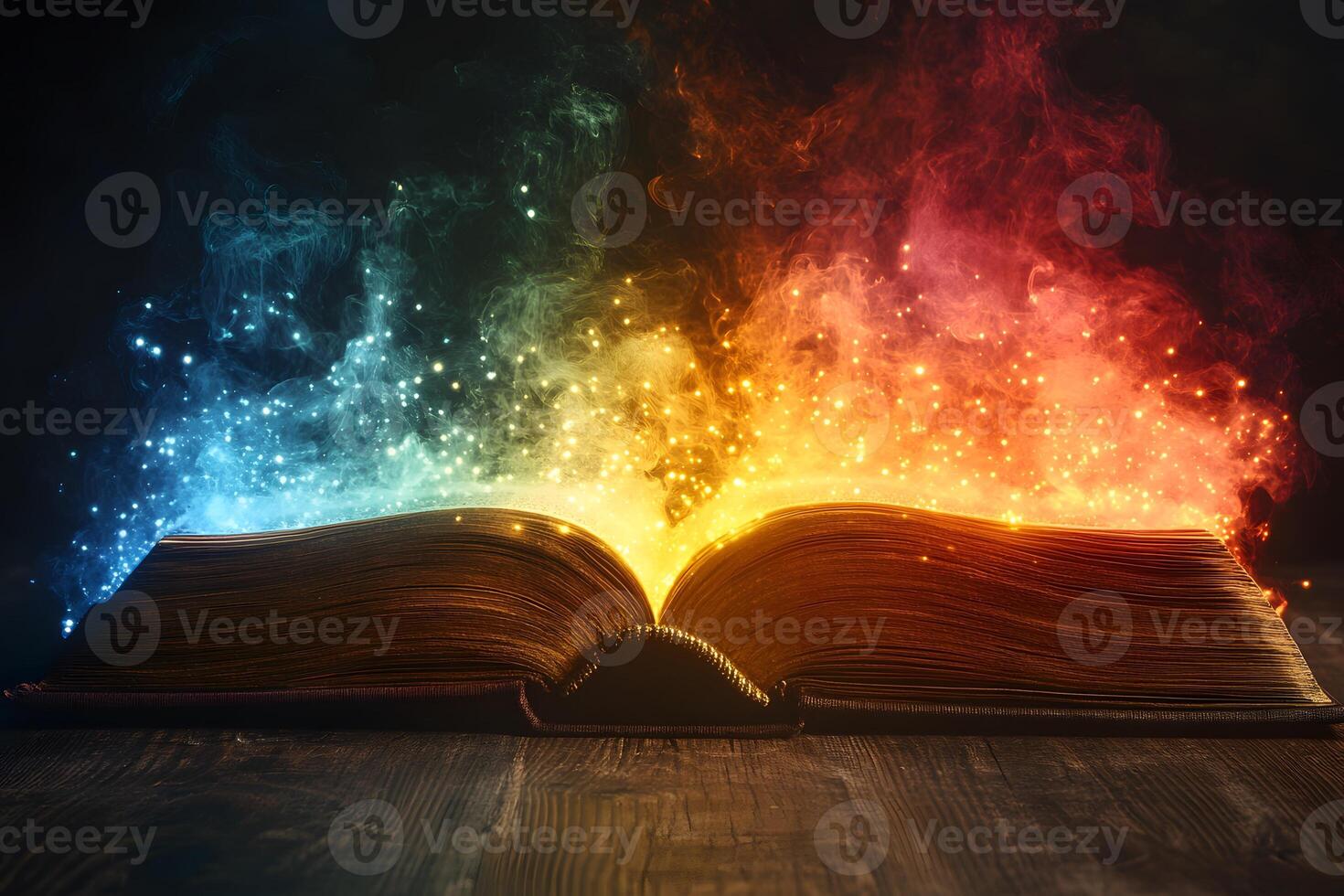 Magical Open Book with Colorful Smoke and Glowing Sparks for Fantasy and Imagination Concept photo