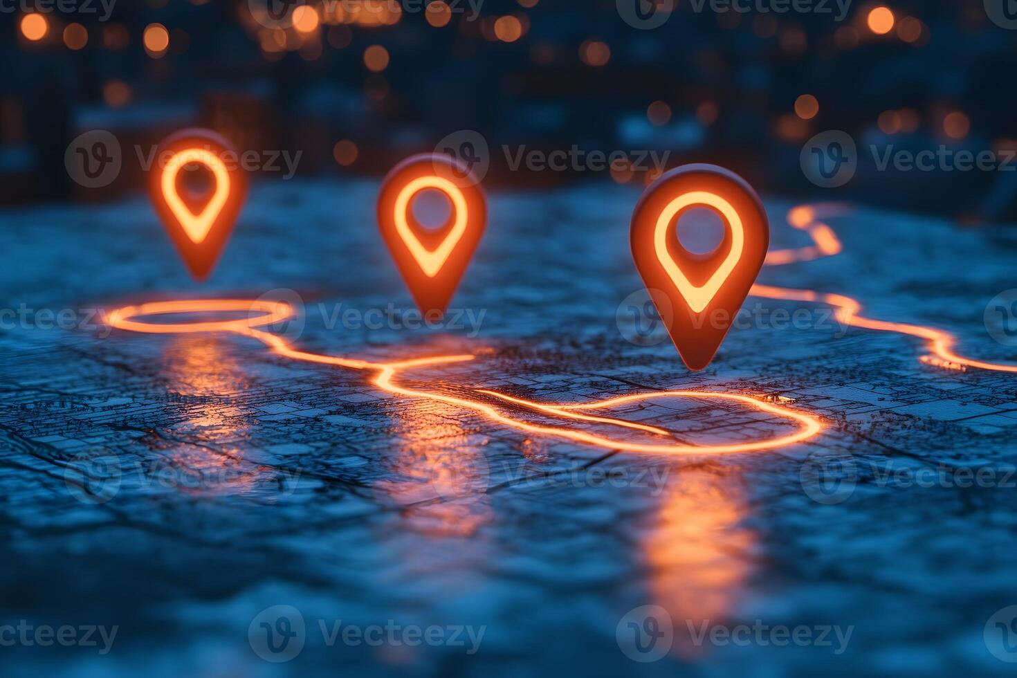 Navigation and Mapping Concept with Glowing Location Pins on Map photo
