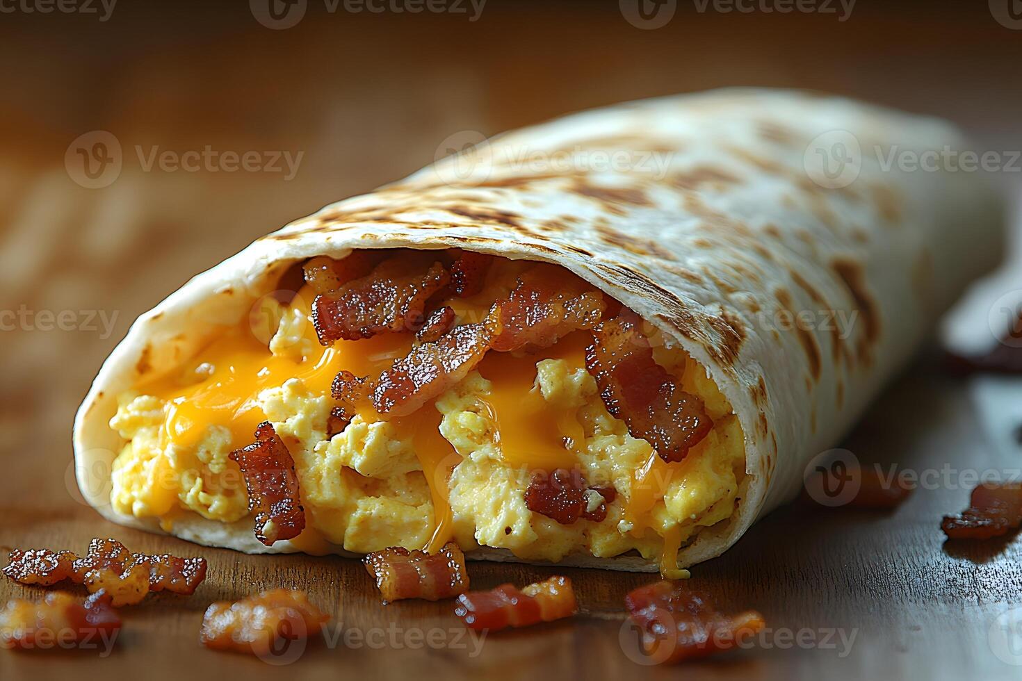 Delicious Breakfast Burrito with Scrambled Eggs, Crispy Bacon, and Cheddar Cheese on Wooden Table photo