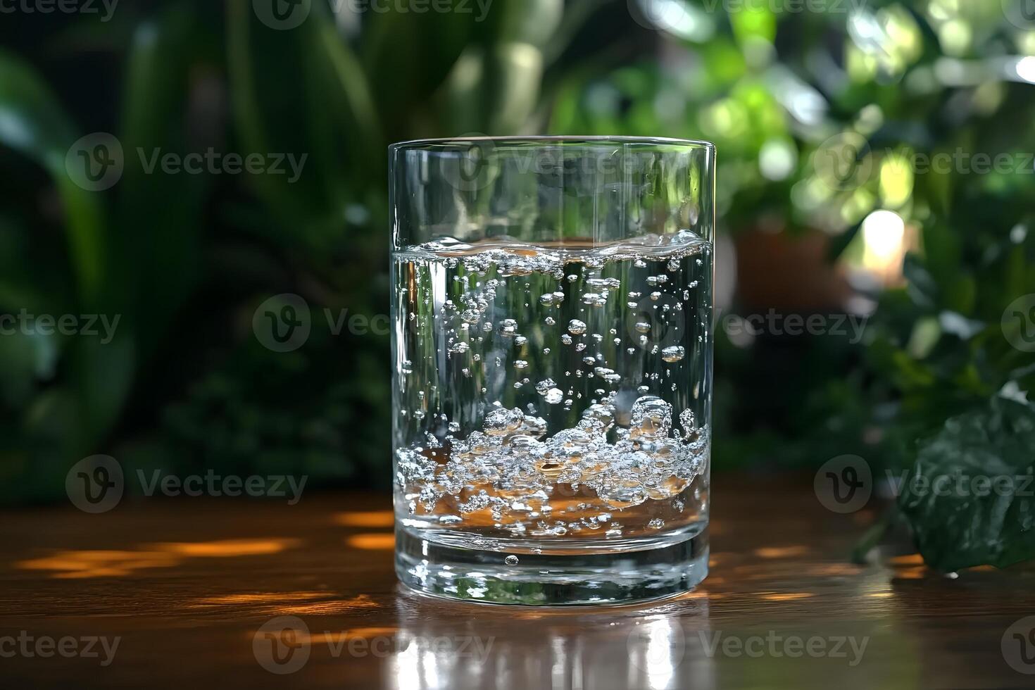 Refreshing Hydration Concept with Bubbly Sparkling Water and Greenery Background photo