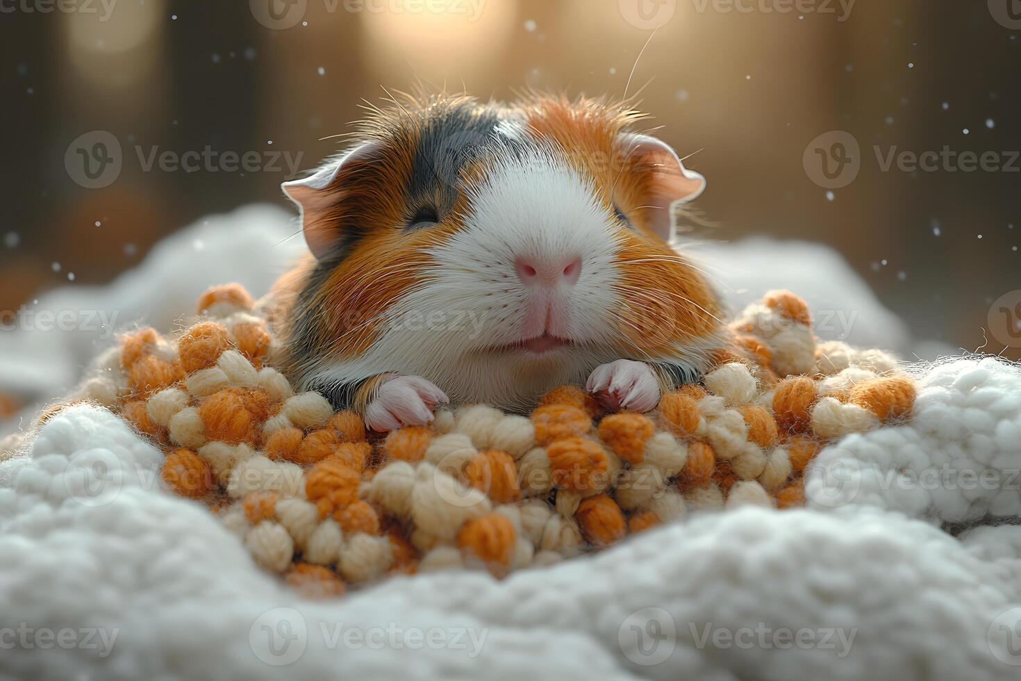 Cozy Guinea Pig Nestled in Soft Wool Surrounded by Gentle Snowflakes in Warm Sunlight photo