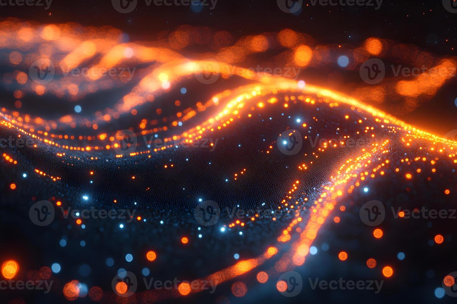Futuristic Abstract Wave of Glowing Orange and Blue Particles in Motion photo
