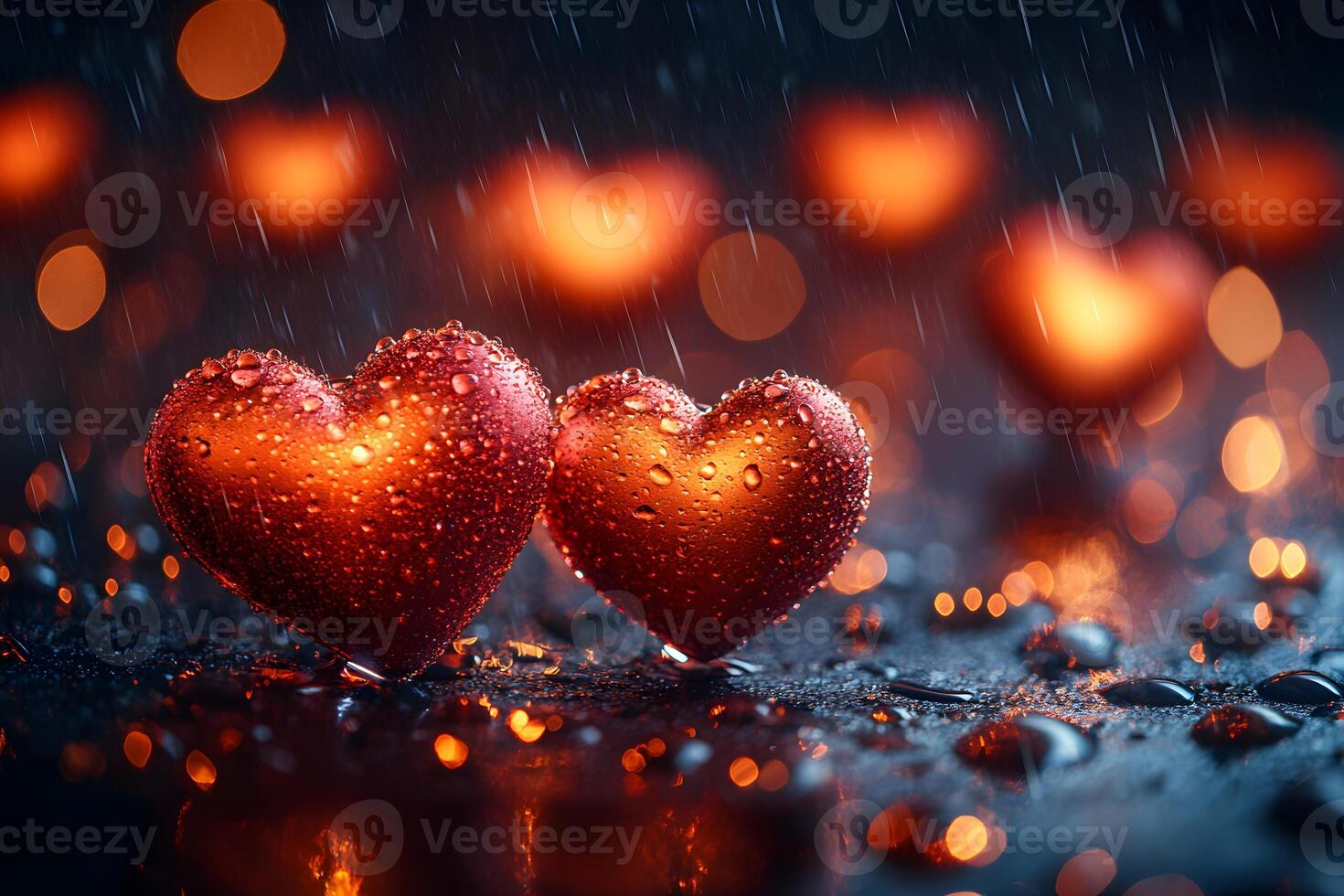 Romantic Raindrop-Covered Hearts in a Glowing Bokeh Background for Valentine's Day Card Design photo