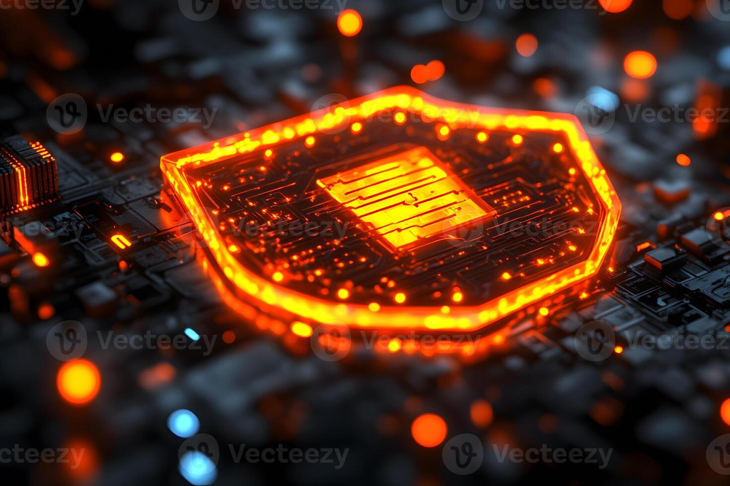 Cybersecurity Protection Concept with Glowing Shield on Circuit Board Design photo