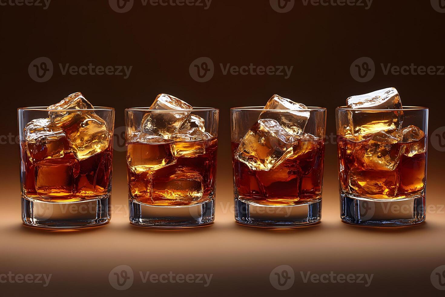 Four Glasses of Whiskey with Ice on Warm Background for Beverage Presentation photo