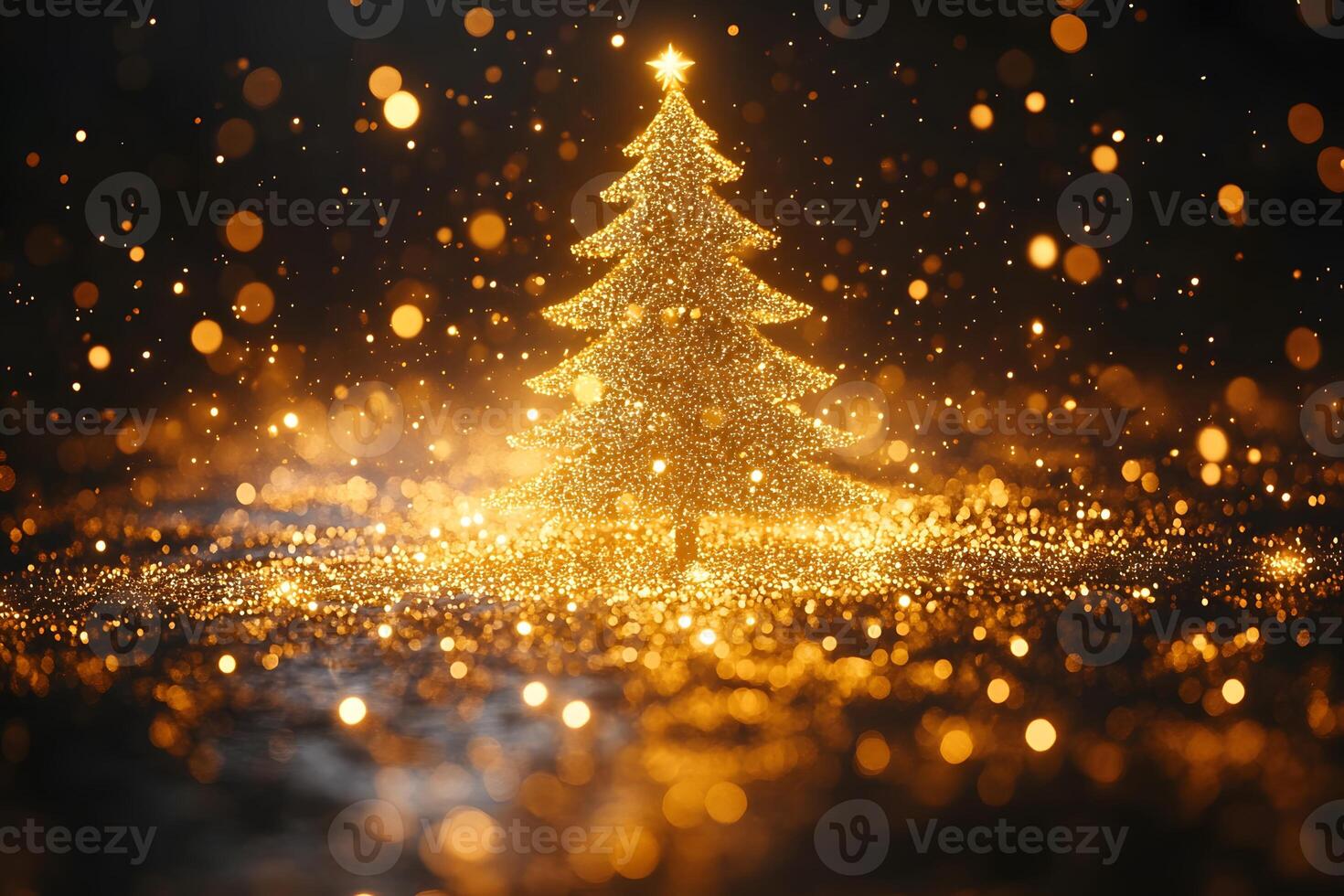 Golden Glittering Christmas Tree with Festive Bokeh Lights for Holiday Designs photo